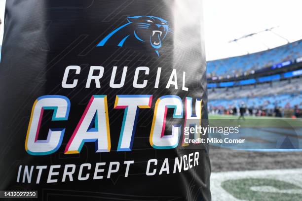 Crucial Catch logo below the Carolina Panthers logo on the upright base padding before the game between the San Francisco 49ers and Carolina Panthers...