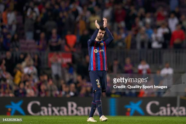 Gerard Pique of FC Barcelona celebrates victory after the LaLiga Santander match between FC Barcelona and RC Celta de Vigo at Spotify Camp Nou on...