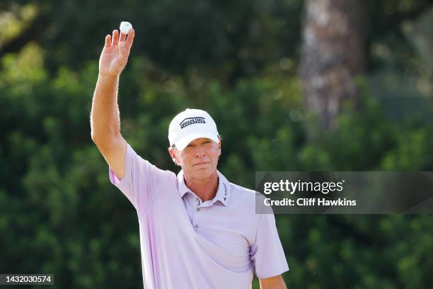 Steve Stricker of the United States celebrates winning on the 18th green during the final round of the Constellation FURYK & FRIENDS at Timuquana...
