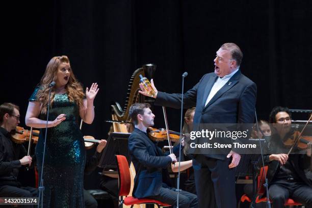 Sir Bryn Terfel performs with Meinir Wyn Roberts and the Sinfonia Cymru conducted by Gareth Jones at Birmingham Symphony Hall on October 09, 2022 in...