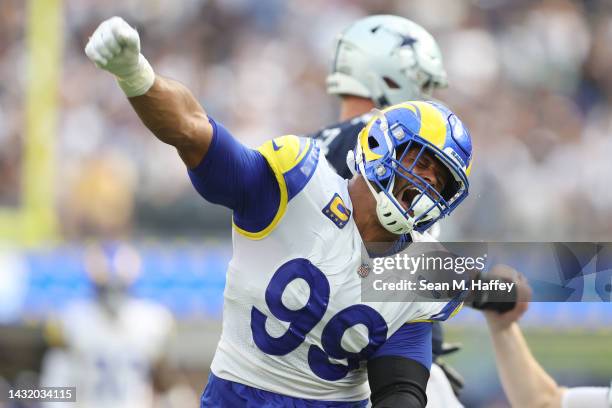Aaron Donald of the Los Angeles Rams reacts after sacking Cooper Rush of the Dallas Cowboys during the second quarter at SoFi Stadium on October 09,...