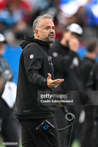 Head coach Matt Rhule of the Carolina Panthers talks with officials during the second quarter of the game against the San Francisco 49ers at Bank of...