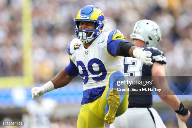 Aaron Donald of the Los Angeles Rams reacts after a sack during the first half against the Dallas Cowboys at SoFi Stadium on October 09, 2022 in...