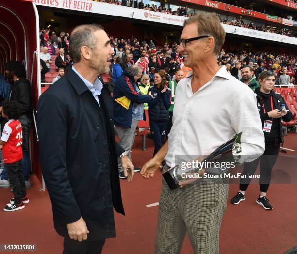 Ex Arsenal players Martin Keown and Tony Adams before the Premier League match between Arsenal FC and Liverpool FC at Emirates Stadium on October 09,...