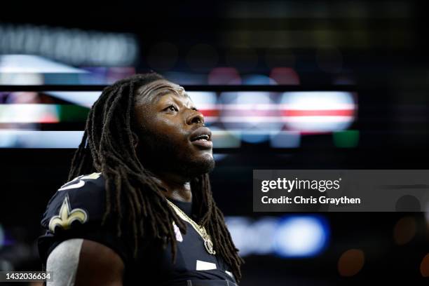 Alvin Kamara of the New Orleans Saints looks on during the game against the Seattle Seahawks at Caesars Superdome on October 09, 2022 in New Orleans,...