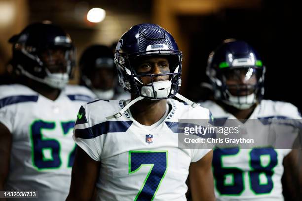 Geno Smith of the Seattle Seahawks looks on prior to the the game against the New Orleans Saints at Caesars Superdome on October 09, 2022 in New...