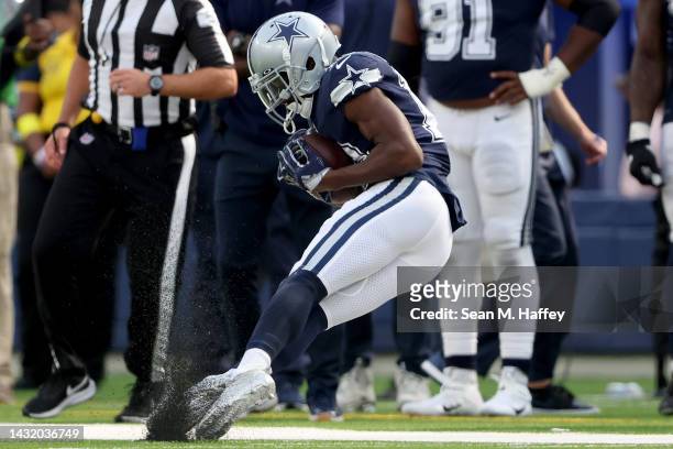 Michael Gallup of the Dallas Cowboys catches the ball against the Los Angeles Rams during the third quarter at SoFi Stadium on October 09, 2022 in...