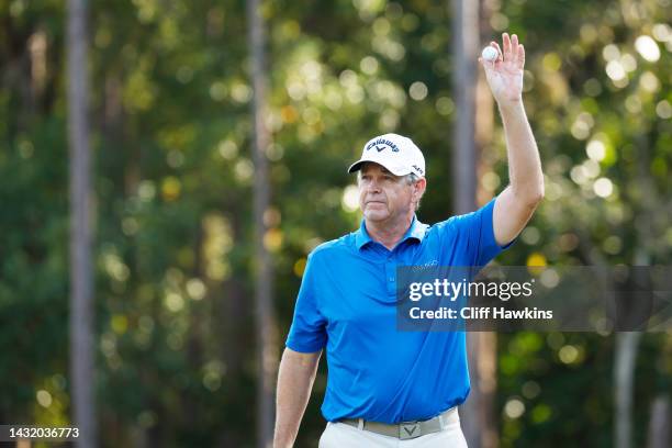 Lee Janzen of the United States reacts on the 15th green during the final round of the Constellation FURYK & FRIENDS at Timuquana Country Club on...