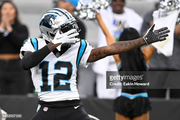 Shi Smith of the Carolina Panthers celebrates catching a pass during the third quarter of the game against the San Francisco 49ers at Bank of America...