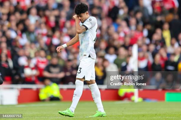 Luis Diaz of Liverpool goes off injured during the Premier League match between Arsenal FC and Liverpool FC at Emirates Stadium on October 09, 2022...