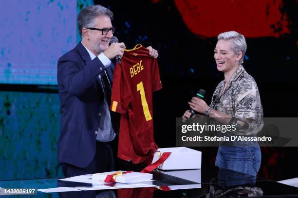 Fabio Fazio and Bebe V attend the "Che Tempo Che Fa" Tv Show at Rai Milan Studios on October 09, 2022 in Milan, Italy.