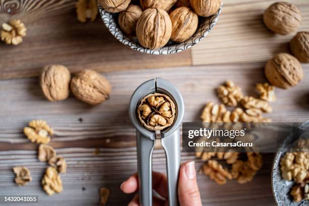 holding a nutcracker with a cracked walnut - nutcracker stock pictures, royalty-free photos & images