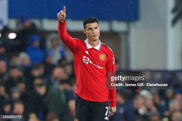 Cristiano Ronaldo of Manchester United celebrates after scoring his side's second goal during the Premier League match between Everton FC and...