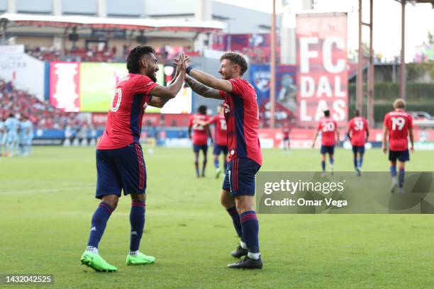 Paul Arriola of FC Dallas celebrates with his teammate Jesus Ferreira after scores the second goal for his team during the MLS game between FC Dallas...