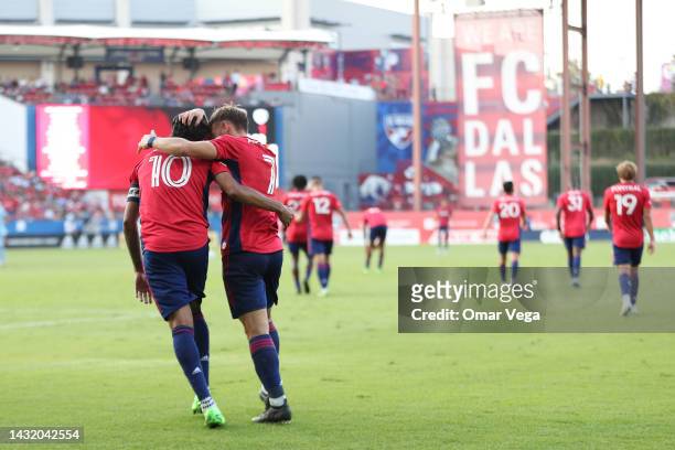 Paul Arriola of FC Dallas celebrates with his teammate Jesus Ferreira after scores the second goal for his team during the MLS game between FC Dallas...