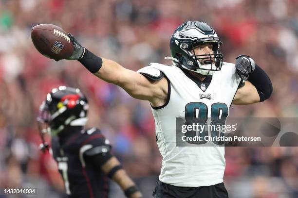 Dallas Goedert of the Philadelphia Eagles signals a first down after a catch during the fourth quarter against the Arizona Cardinals at State Farm...