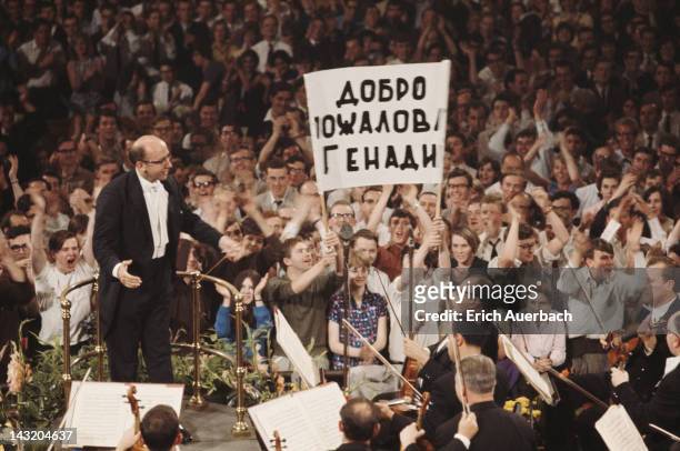 Soviet conductor Gennady Rozhdestvensky conducting the Tchaikovsky Symphony Orchestra of Moscow Radio at the London Promenade Concerts, or Proms, at...