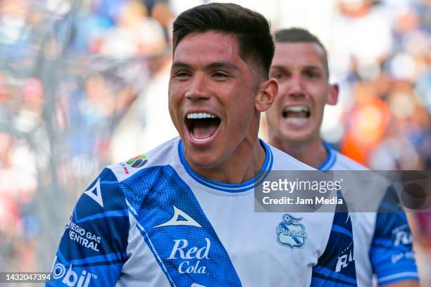 Martin Barragan of Puebla celebrates after scoring his team's first goal during the playoff match between Puebla and Chivas as part of the Torneo...