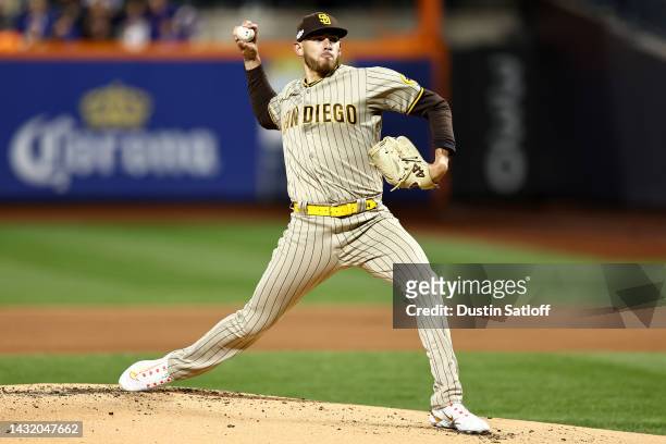 Joe Musgrove of the San Diego Padres throws a pitch against the New York Mets during the first inning in game three of the National League Wild Card...