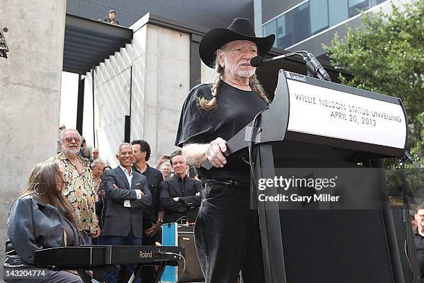 Singer Willie Nelson speaks after the unveiling of his statue at ACL Live on April 20, 2012 in Austin, Texas.