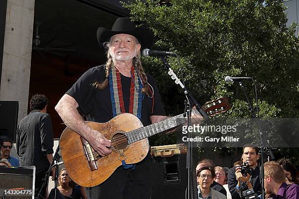 Musician Willie Nelson performs after the unveiling of his statue at ACL Live on April 20, 2012 in Austin, Texas.