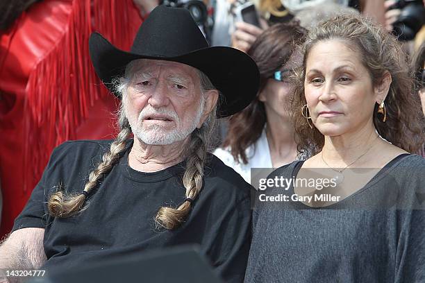 Musician Willie Nelson and his wife Annie Nelson during the unveiling of Willie's statue at ACL Live on April 20, 2012 in Austin, Texas.