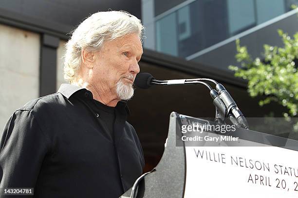 Singer Kris Kristofferson speaks during the unveiling of Willie Nelson's statue at ACL Live on April 20, 2012 in Austin, Texas.