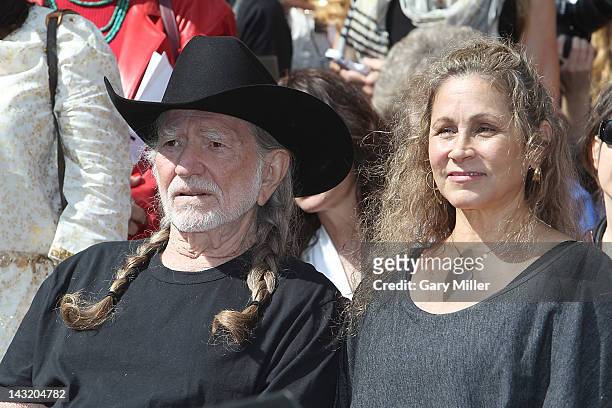 Musician Willie Nelson and his wife Annie Nelson during the unveiling of Willie's statue at ACL Live on April 20, 2012 in Austin, Texas.