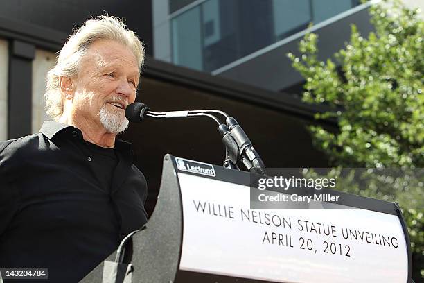 Singer Kris Kristofferson speaks during the unveiling of Willie Nelson's statue at ACL Live on April 20, 2012 in Austin, Texas.