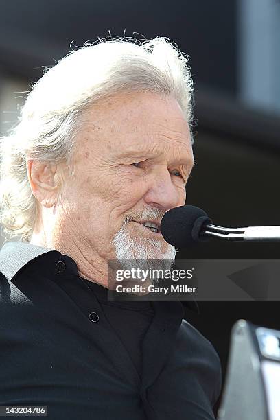 Singer Kris Kristofferson speaks during the unveiling of Willie Nelson's statue at ACL Live on April 20, 2012 in Austin, Texas.