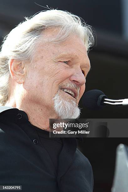 Singer Kris Kristofferson speaks during the unveiling of Willie Nelson's statue at ACL Live on April 20, 2012 in Austin, Texas.