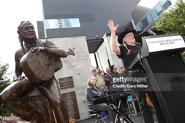 Singer Willie Nelson speaks after the unveiling of his statue at ACL Live on April 20, 2012 in Austin, Texas.