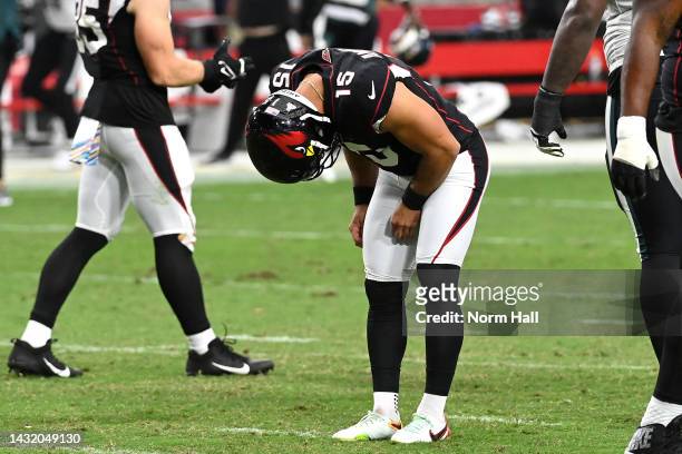 Matt Ammendola of the Arizona Cardinals reacts after missing a game tying field goal during the fourth quarter against the Philadelphia Eagles...