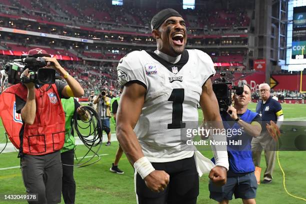 Jalen Hurts of the Philadelphia Eagles yells after his team's 20-17 win against the Arizona Cardinals at State Farm Stadium on October 09, 2022 in...