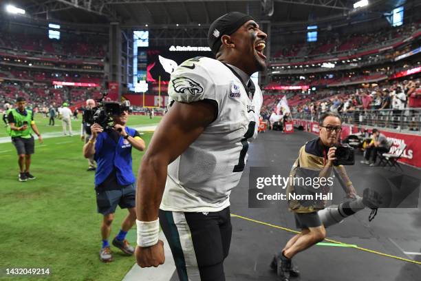 Jalen Hurts of the Philadelphia Eagles yells after his team's 20-17 win against the Arizona Cardinals at State Farm Stadium on October 09, 2022 in...