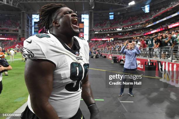 Jordan Davis of the Philadelphia Eagles yells after his team's 20-17 win against the Arizona Cardinals at State Farm Stadium on October 09, 2022 in...