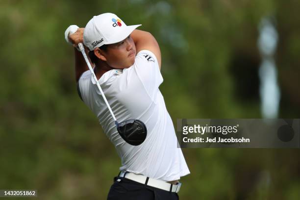 Tom Kim of South Korea plays his shot from the 13th tee during the final round of the Shriners Children's Open at TPC Summerlin on October 09, 2022...