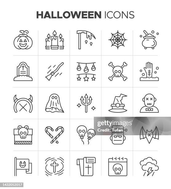 halloween icon set. scary line icons. pumpkin, spider, wizard, flying broom, bat, candle, grave and halloween symbol collection - coffin stock illustrations