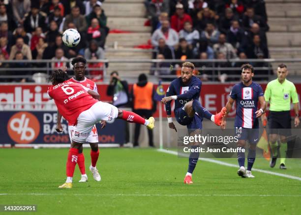Neymar Jr of PSG during the Ligue 1 match between Stade de Reims and Paris Saint-Germain at Stade Auguste Delaune on October 9, 2022 in Reims, France.