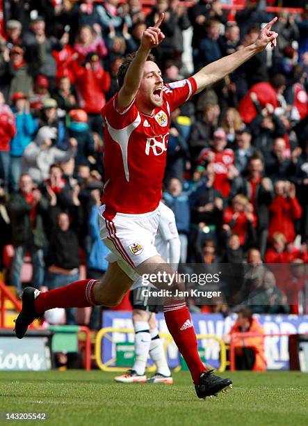 Cole Skuse of Bristol City celebrates his goal during the npower Championship match between Bristol City and Barnsley at Ashton Gate on April 21,...