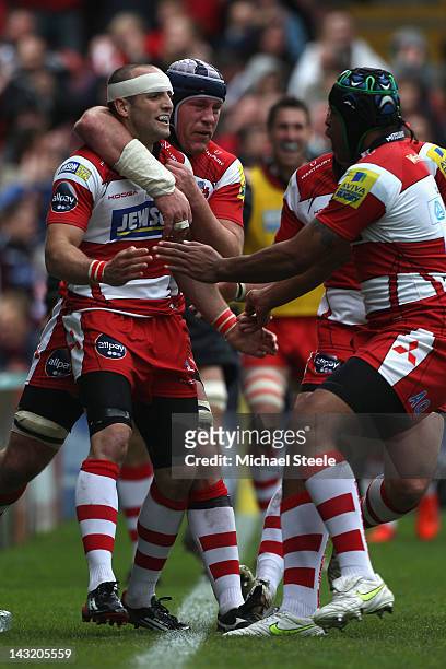 Charlie Sharples of Gloucester celebrates scoring his sides first try during the Aviva Premiership match between Gloucester and Sale Sharks at...