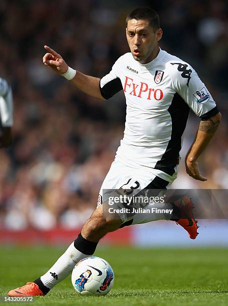 Clint Dempsey of Fulham with the ball during the Barclays Premier League match between Fulham and Wigan Athletic at Craven Cottage on April 21, 2012...