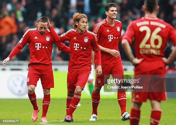 Player of Bayern celebrate after Naldo of Bremen scored a own goal during the Bundesliga match between SV Werder Bremen and FC Bayern Muenchen at...