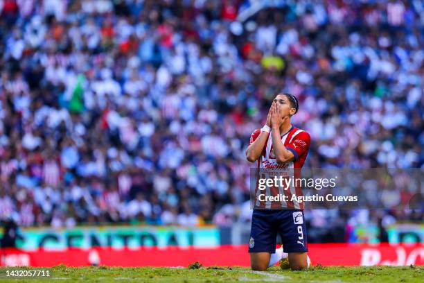 Angel Zaldivar of Chivas reacts during the playoff match between Puebla and Chivas as part of the Torneo Apertura 2022 Liga MX at Cuauhtemoc Stadium...