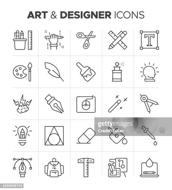 graphic design icon set. art and designer related icons. creative work, design elements and art symbol collection - graphic designer computer stock illustrations