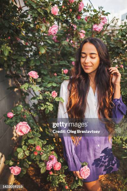 portrait of young beautiful woman in rose garden, female beauty. long hair with curls - rosa violette parfumee photos et images de collection
