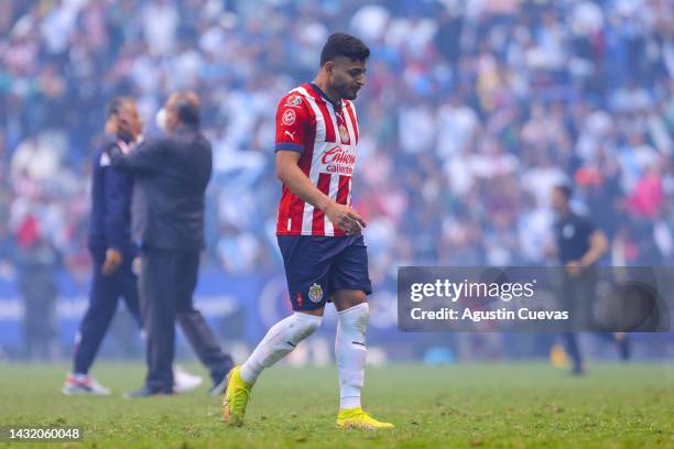 Alexis Vega of Chivas reacts after the playoff match between Puebla and Chivas as part of the Torneo Apertura 2022 Liga MX at Cuauhtemoc Stadium on...