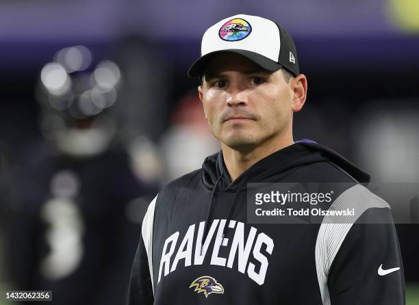 Defensive coordinator Mike Macdonald of the Baltimore Ravens looks on during pregame warmups prior to facing the Cincinnati Bengals at M&T Bank...