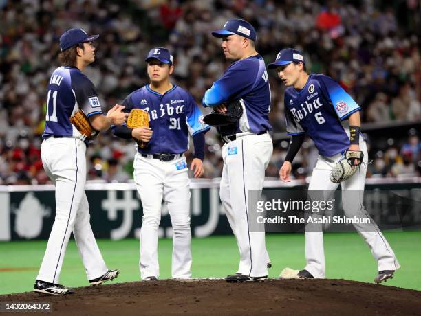 Saitama Seibu Lions infielders gather the mound in the 3rd inning against Fukuoka SoftBank Hawks during the Pacific League Climax Series First Stage...