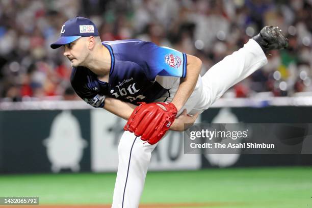 Burch Smith of the Saitama Seibu Lions throws in the 6th inning against Fukuoka SoftBank Hawks during the Pacific League Climax Series First Stage...